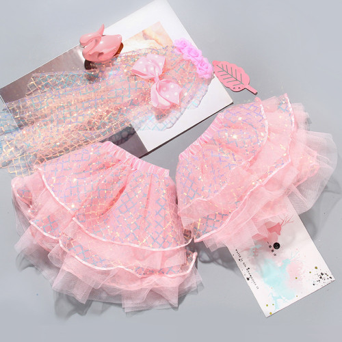 Toddler Girls Pink Lace Sequins Mesh Skirt With Bow Tie Headband