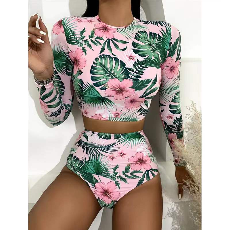 Women Printed Long Sleeve Surfing Suit Sexy One-piece Bikini Swimsuit Two-piece Set