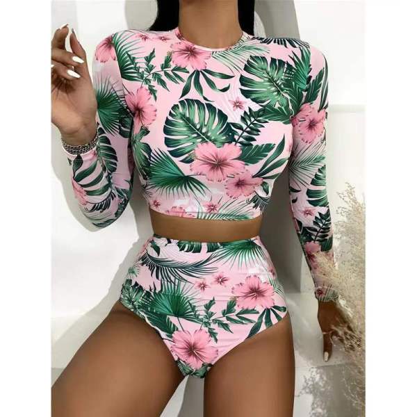 Women Printed Long Sleeve Surfing Suit Sexy One-piece Bikini Swimsuit Two-piece Set