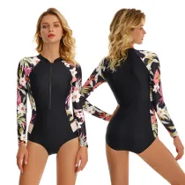 Women Printed Long Sleeve Zipper Surfing Suit Sexy One-piece Swimsuit
