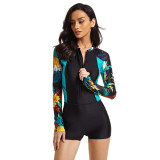 Women Black Printed Flat Angle Long Sleeve Surfing Suit Sexy One-piece Swimsuit