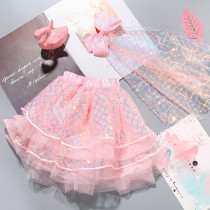 Toddler Girls Pink Lace Sequins Mesh Skirt With Bow Tie Headband