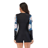 Women Prints Long Sleeve Surfing Suit Sexy One-piece Swimsuit