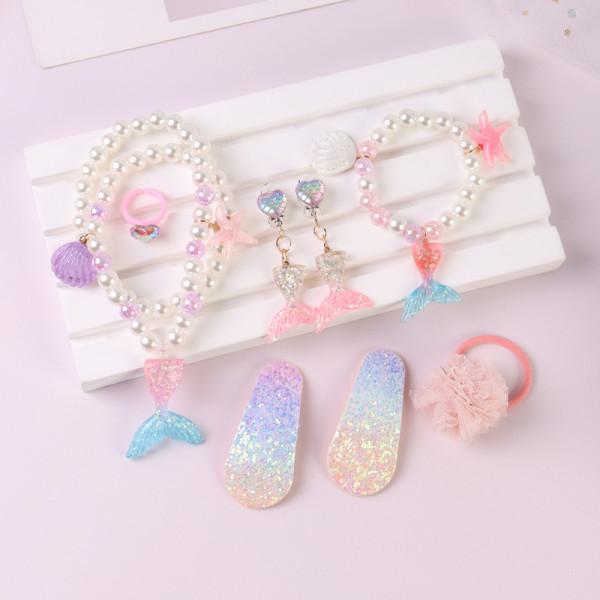 Mermaid Princess Hair Accessories Jewelry Box Set Necklace Earring For Girls Gift
