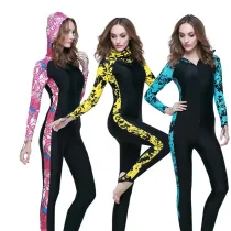 Women Pure Color Floral Long Sleeve Hooded Diving Suit Swimsuit
