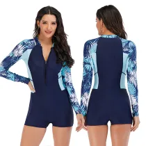 Women Printed Leaves Color Matching Long Sleeve Surfing Suit Sexy One-piece Swimsuit