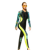 Women Printed Zipper Long Sleeve Diving Suit Swimsuit