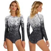 Women Irregular Printed Long Sleeve Surfing Suit Sexy One-piece Swimsuit