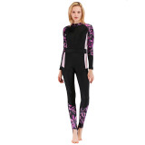 Women Pure Color Printed Belt Long Sleeve Diving Suit Swimsuit