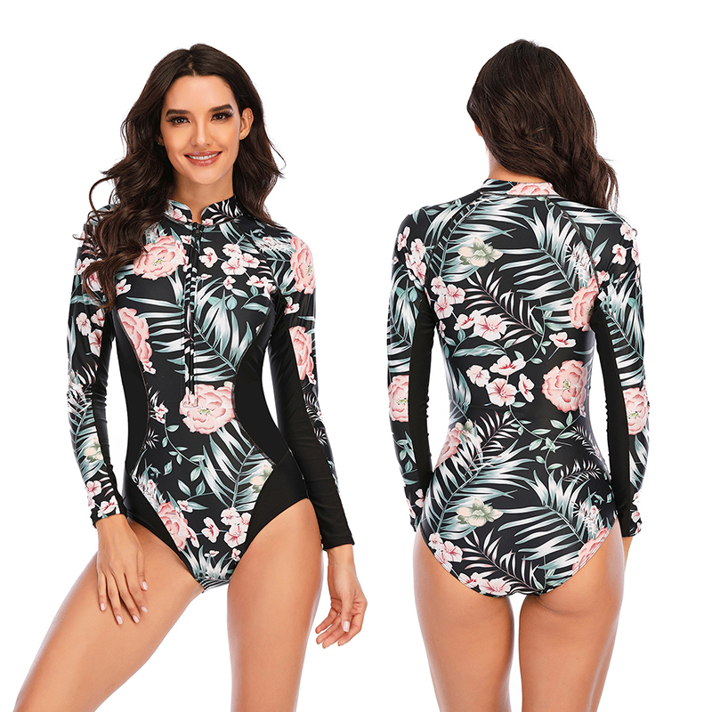 Women Printing Long Sleeve Surfing Suit Sexy One-piece Swimsuit