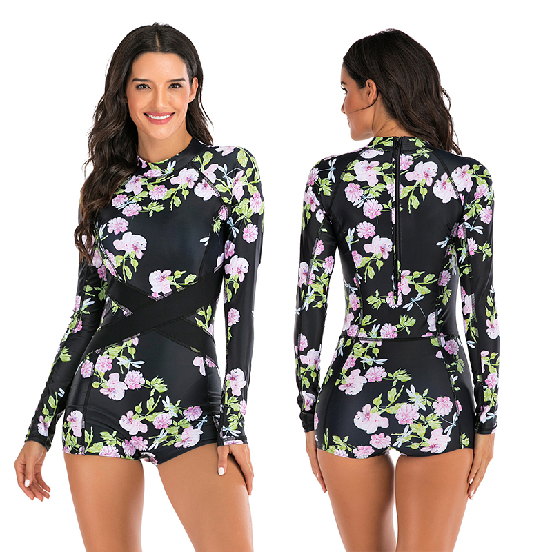 Women Printed Cross Over Flat Angle Long Sleeve Surfing Suit Sexy One-piece Swimsuit