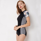 Women Printing Stripe Short Sleeve Surfing Suit Sexy One-piece Swimsuit