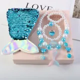Mermaid Princess Hair Accessories Set Necklace Earring For Girls Gift With Sequins Bag