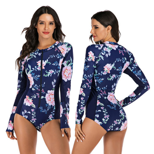 Women Navy Printed Long Sleeve Surfing Suit Sexy One-piece Swimsuit