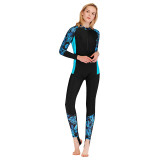 Women Pure Color Printed Belt Long Sleeve Diving Suit Swimsuit
