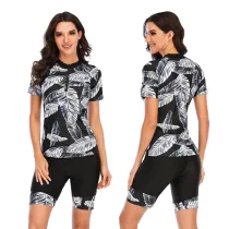 Women Printed Leaves Short Sleeve Surfing Suit Sexy Two-piece Swimsuit
