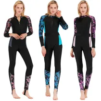 Women Pure Color Printed Belt Long Sleeve Diving Suit Swimsuit