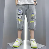 Toddler Boys Cartoon Pattern Gray Jeans Shorts