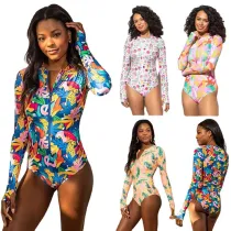 Women Printed Long Sleeve Surfing Suit Sexy One-piece Bikini Swimsuit