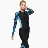 Women Black Printed Zipper Long Sleeve Diving Suit Swimsuit