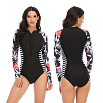 Women Black Stripe Printed Long Sleeve Surfing Suit Sexy One-piece Swimsuit