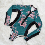 Women Printed Long Sleeve Surfing Suit Sexy One-piece Swimsuit