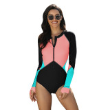 Women Color Matching Long Sleeve Surfing Suit Sexy One-piece Swimsuit