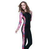 Women Pure Color Floral Long Sleeve Hooded Diving Suit Swimsuit