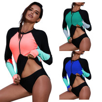 Women Color Matching Long Sleeve Surfing Suit Sexy One-piece Swimsuit