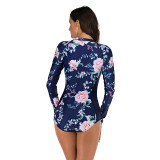 Women Navy Printed Long Sleeve Surfing Suit Sexy One-piece Swimsuit