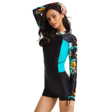 Women Black Printed Flat Angle Long Sleeve Surfing Suit Sexy One-piece Swimsuit