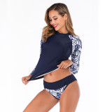 Women Blue Printed Long Sleeve Surfing Suit Sexy Two-piece Swimsuit