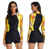Women Printed Leaves Color Matching Long Sleeve Surfing Suit Sexy One-piece Swimsuit