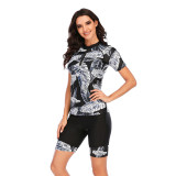 Women Printed Leaves Short Sleeve Surfing Suit Sexy Two-piece Swimsuit