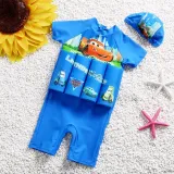 Kid Boys Print Racing Cars Float Adjustable Buoyancy Blue Swimsuit with Cap