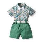 Brother and Sister Flower Pattern Outfit Twins Boy Shirts Suspender Shorts and Girl Dress