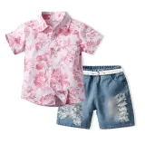 Brother and Sister Flower Pattern Outfit Twins Boy Pink Shorts Set and Girl Dress