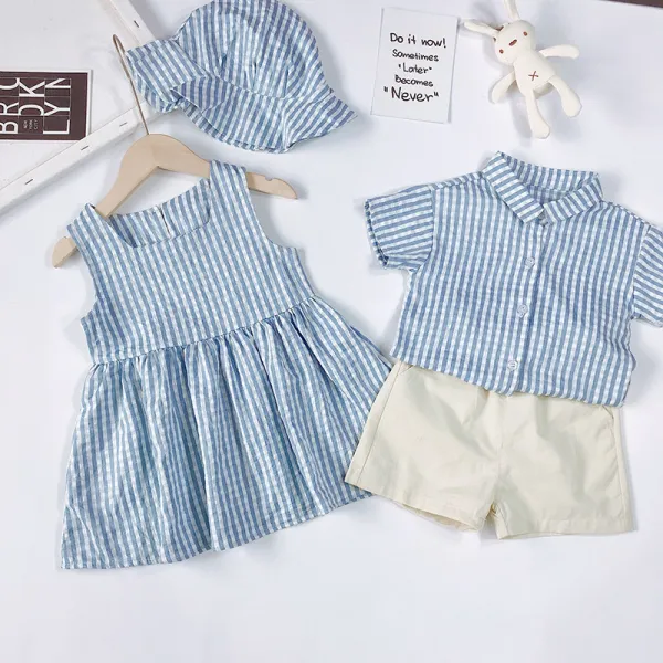 Brother and Sister Outfit with Girl Blue Striped Dress and Boy Striped Set