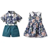 Brother and Sister Flower Pattern Outfit Twins Boy Shirts Suspender Shorts and Girl Dress