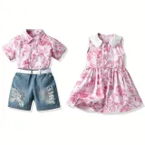 Brother and Sister Flower Pattern Outfit Twins Boy Pink Shorts Set and Girl Dress