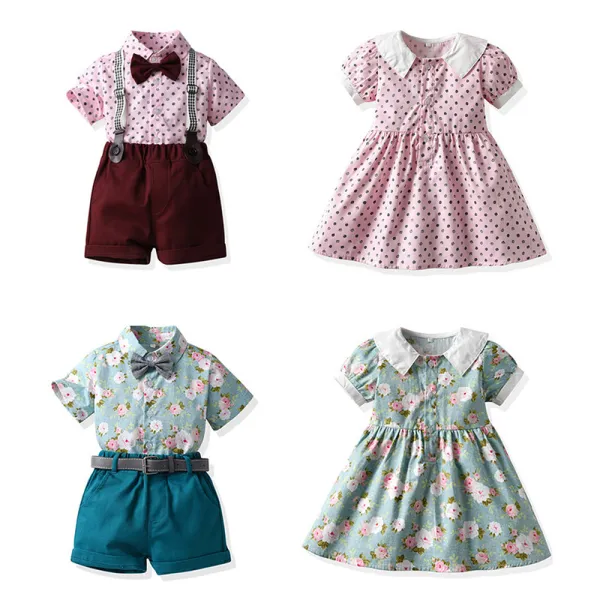 Brother and Sister Flower Outfit Twins Boy Short Set and Girl Dress