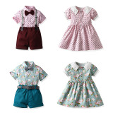 Brother and Sister Flower Outfit Twins Boy Short Set and Girl Dress