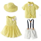 Brother and Sister Outfit Twins Baby Boy Bib Shorts and Girl Dress