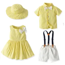 Brother and Sister Outfit Twins Baby Boy Bib Shorts and Girl Dress