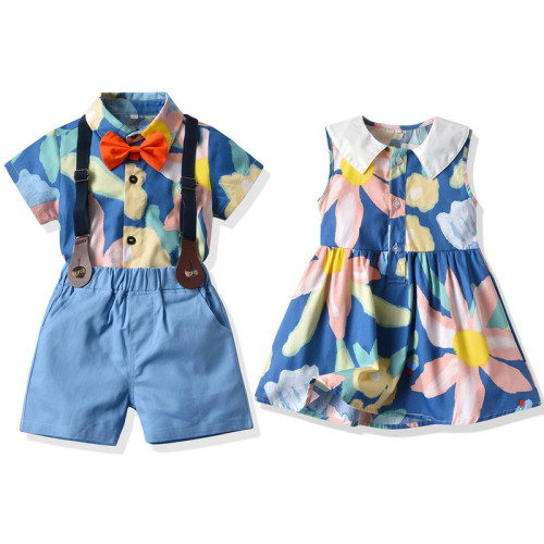Brother and Sister Flower Pattern Outfit Twins Boy Short Set and Girl Sleeveless Dress