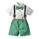 Brother and Sister Flower Pattern Outfit Twins Boy Shirts Suspender Shorts and Girl Dress