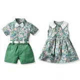 Brother and Sister Flower Pattern Outfit Twins Boy Shirts Suspender Shorts and Girl Dress