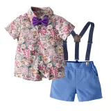Brother and Sister Flower Pattern Outfit Twins Boy Overalls Suit and Girl Sleeveless Dress