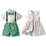 Brother and Sister Flower Pattern Outfit Twins Boy Shirts Suspender Shorts and Girl Dress