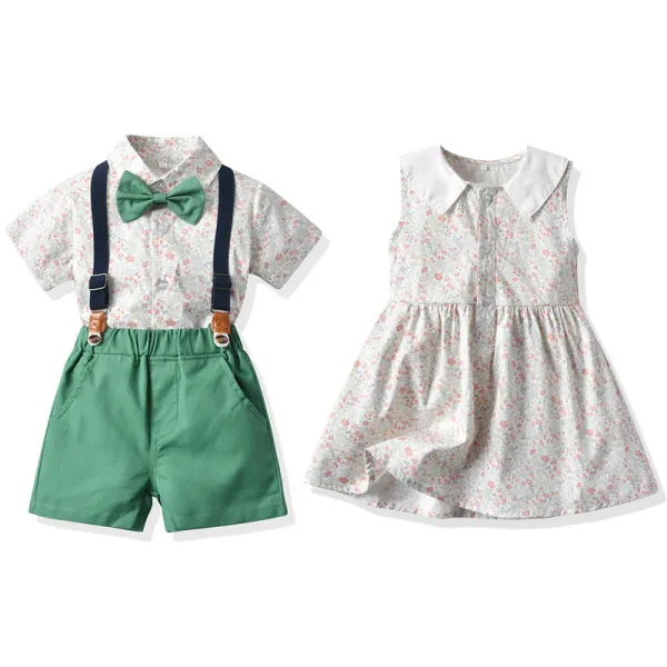 Brother and Sister Flower Pattern Outfit Twins Boy Shirts Suspender Shorts and Girl Dress